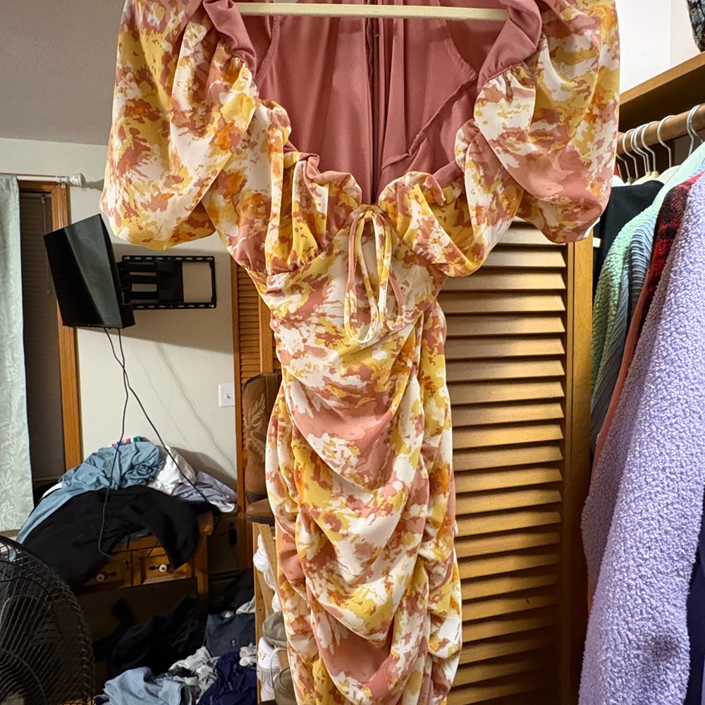 Pink and Yellow Floral Long Sleeve Dress